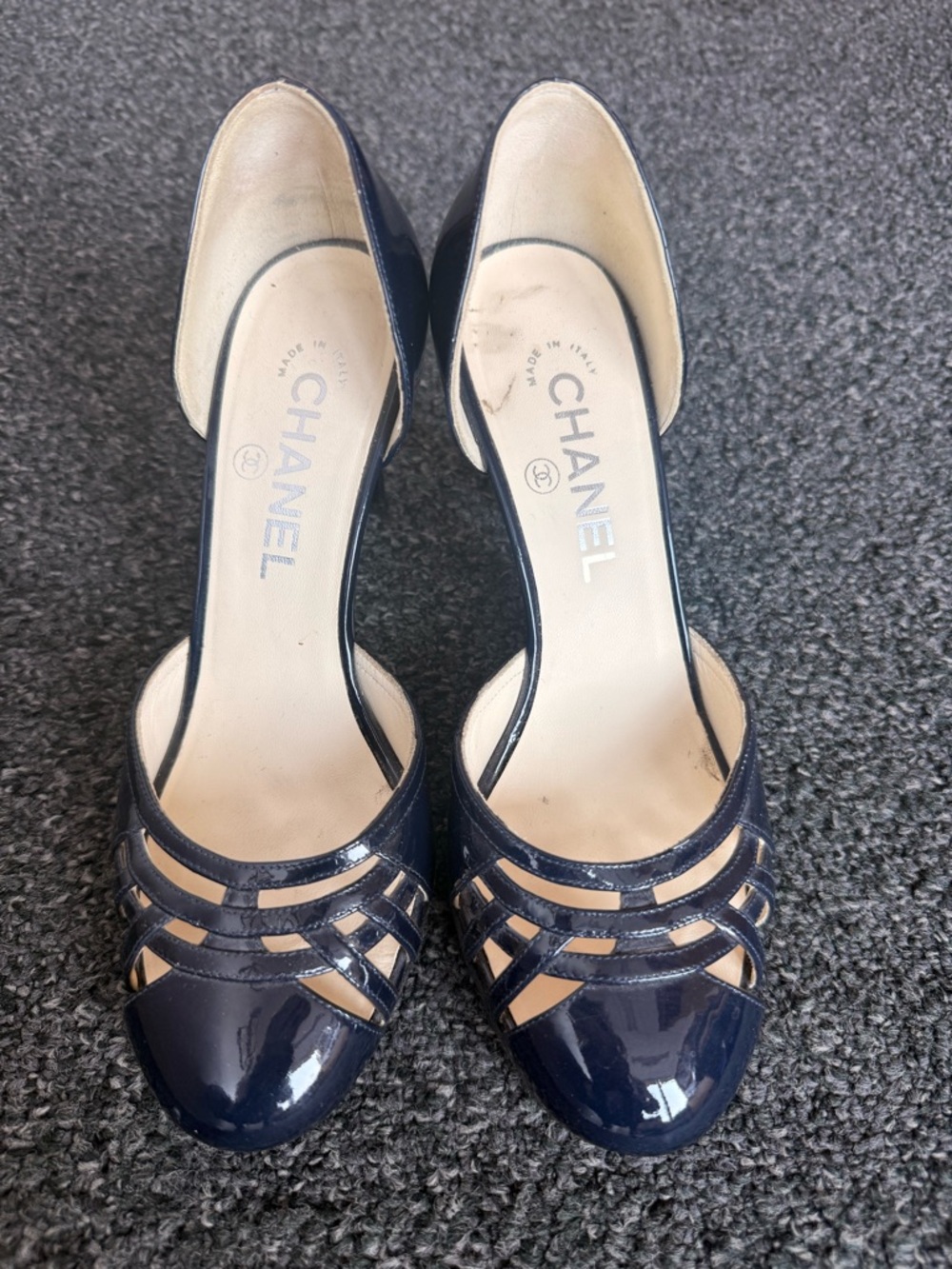 CHANEL Navy Patent Leather Strappy D'Orsay Heels